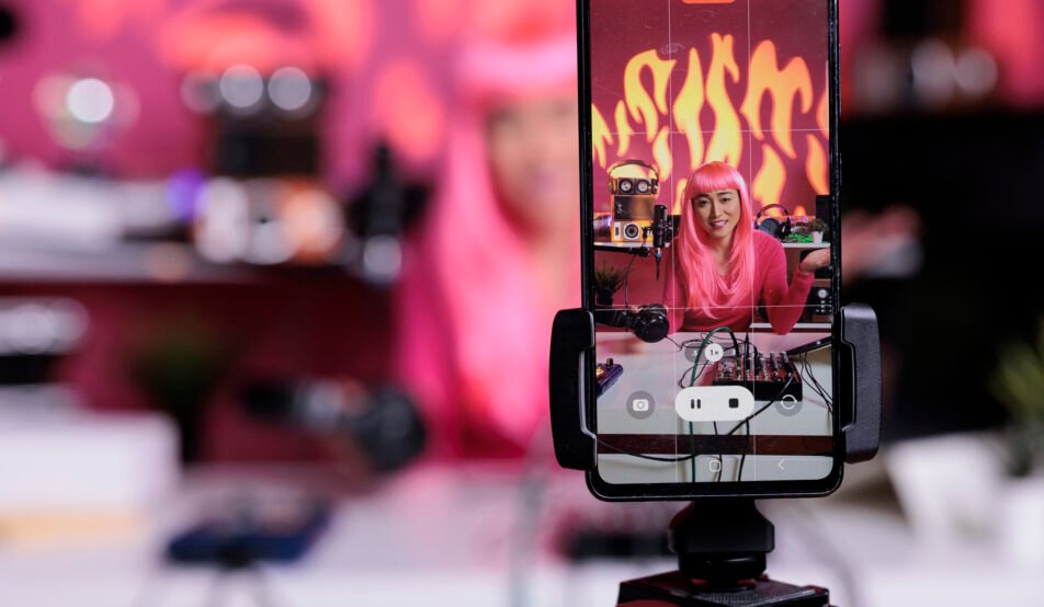 Influencer recording podcast using professional vlogging equipment while standing in streaming studio, posting vlog on social media to gain subscribers. Asian creator filming vlog with phone camera